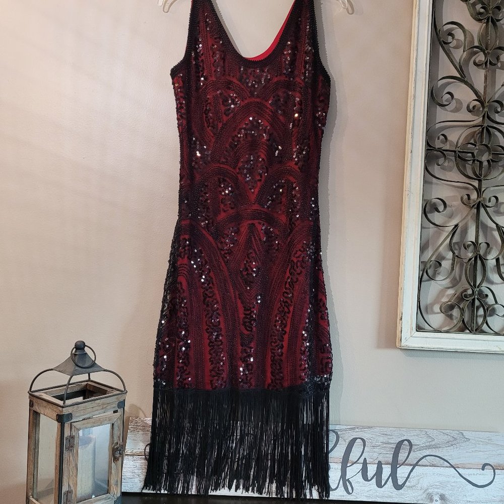 Red Sequined Flapper Cocktail Dress
